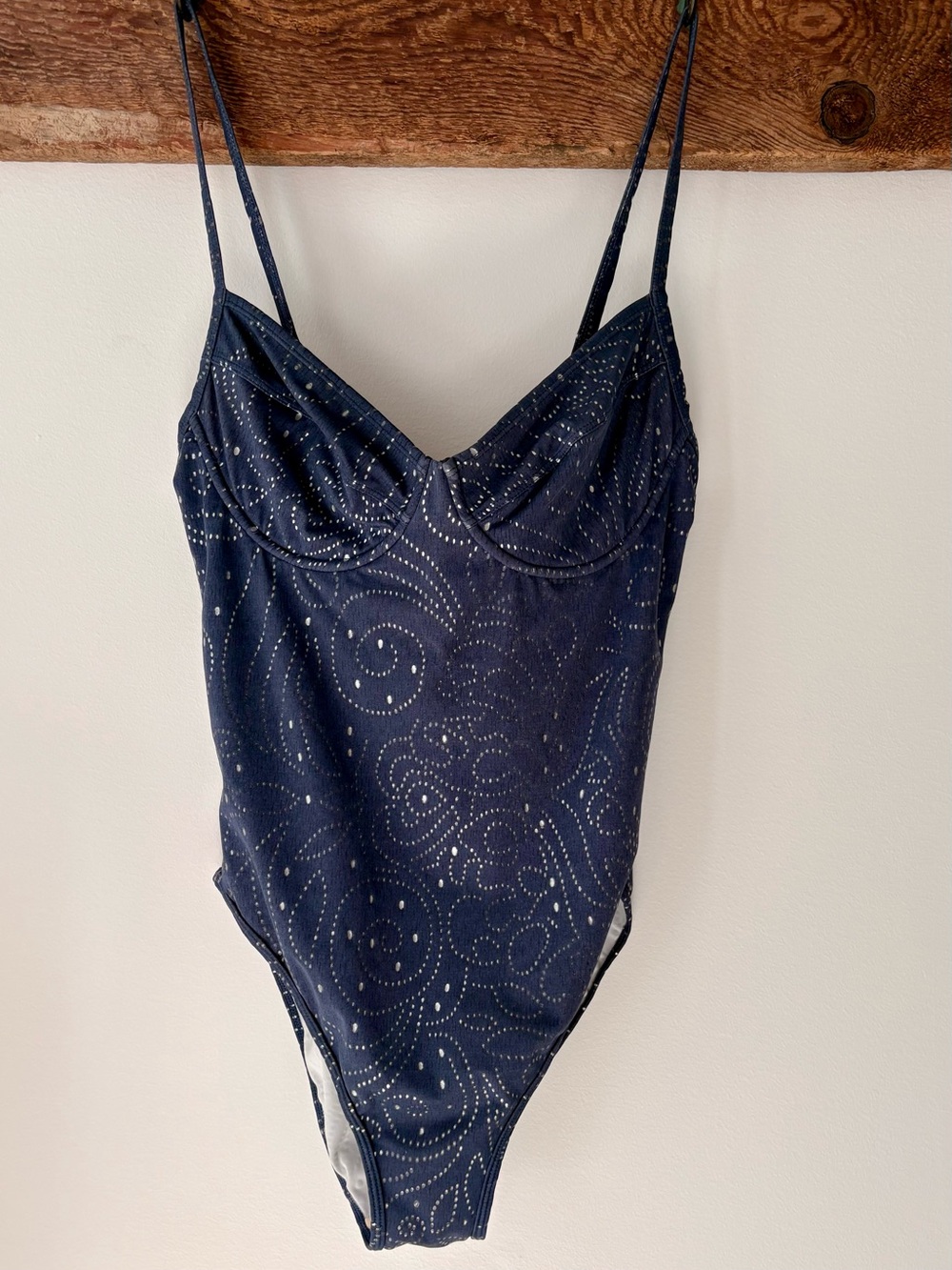 Newport News—Vintage Cheeky Hi-Cut Navy Blue/Silver Cut-Out Pattern Bathing Suit